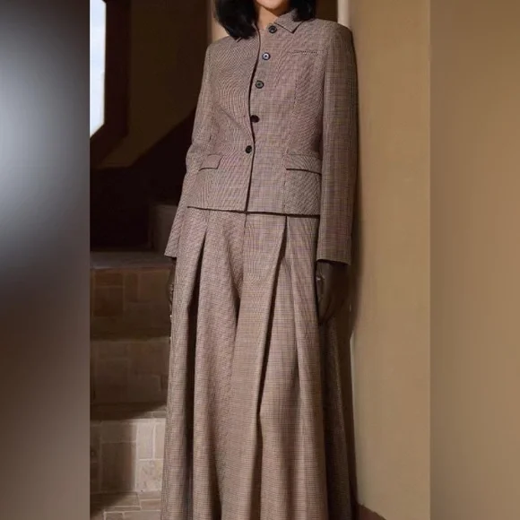 High Waist Plaid Wide Leg Pants Size M Brown Beige Vintage style